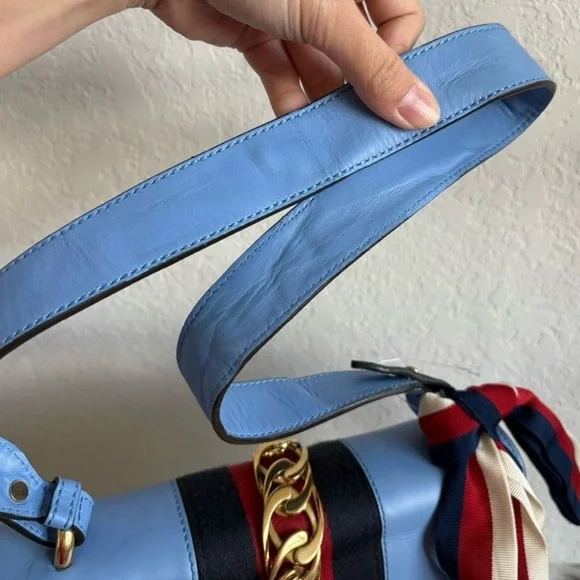 Gucci Sylvie Light Blue Crossbody Bag with Red and Gold Details - Picture 3 of 16